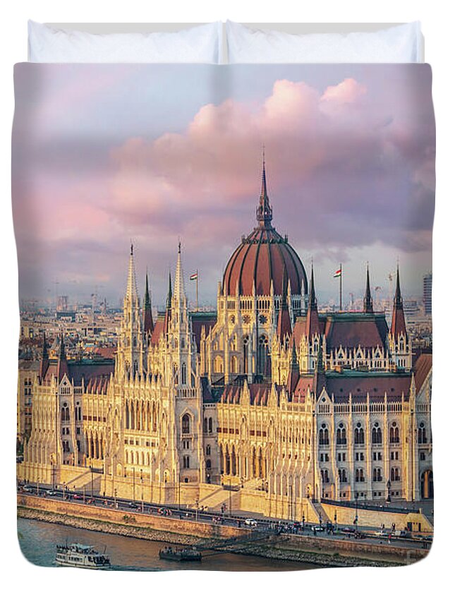 Budapest Duvet Cover featuring the photograph Budapest parliament at sunset by Delphimages Photo Creations