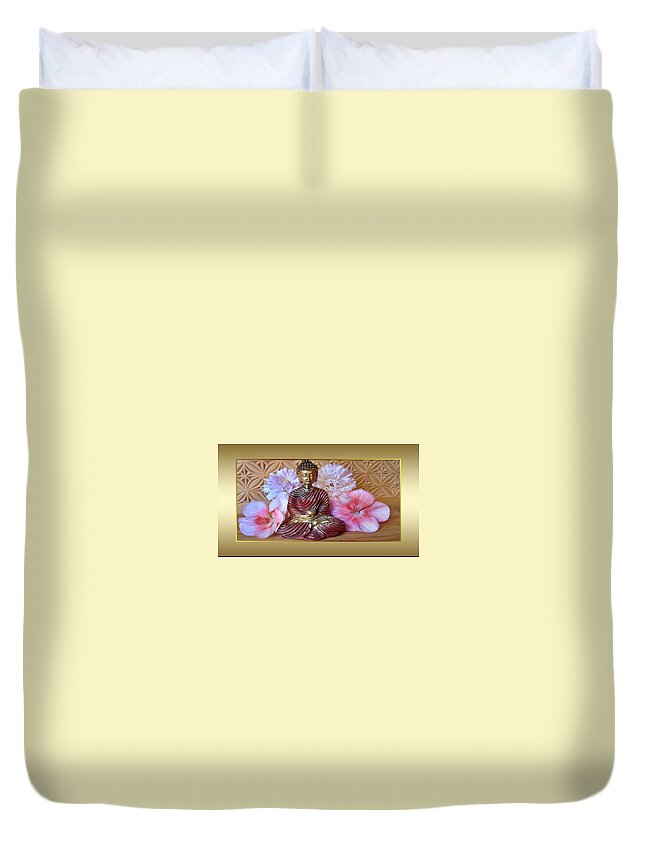 Buddha Duvet Cover featuring the photograph Buddha and Flowers by Nancy Ayanna Wyatt