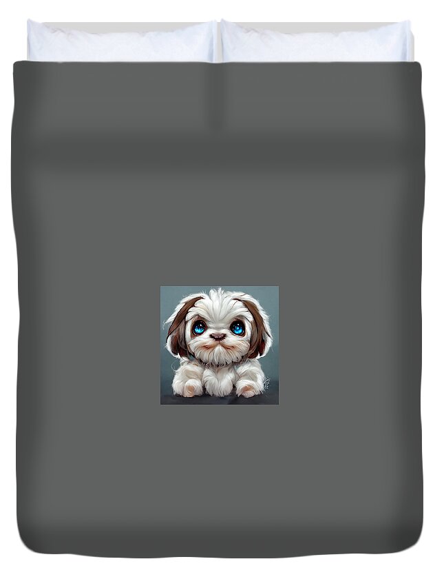 Religion Duvet Cover featuring the painting Buddha cute white and little brown shiz tzu with big  c68da416 6516 47a8 aed1 d164566 by MotionAge Designs