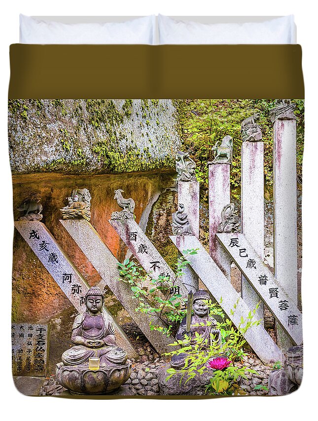 Buddha Duvet Cover featuring the photograph Buddha statues at Senko-ji temple by Lyl Dil Creations