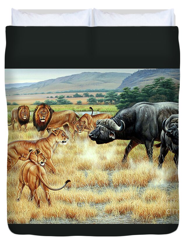 Cynthie Fisher African Duvet Cover featuring the painting Buffalo And Lions by Cynthie Fisher