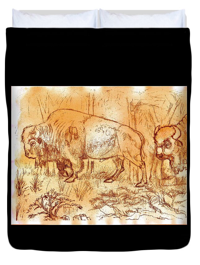 Buffalo Trail Duvet Cover featuring the drawing Buffalo Trail by Larry Campbell