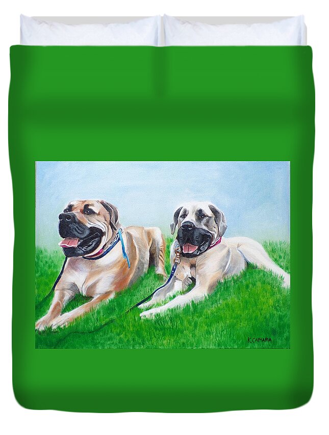 Pets Duvet Cover featuring the painting Bull Mastiffs by Kathie Camara