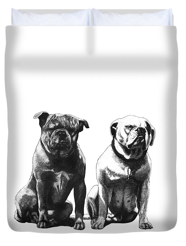 Bulldog Duvet Cover featuring the digital art Bulldog Couple by Madame Memento