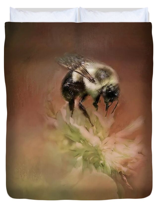 Textures Duvet Cover featuring the photograph Bumble Bee in Clover by Marjorie Whitley