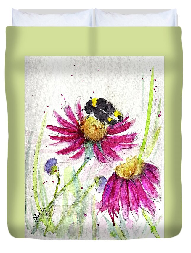 Bee Painting Duvet Cover featuring the painting Bumble Bee in the Coneflowers by Roxy Rich