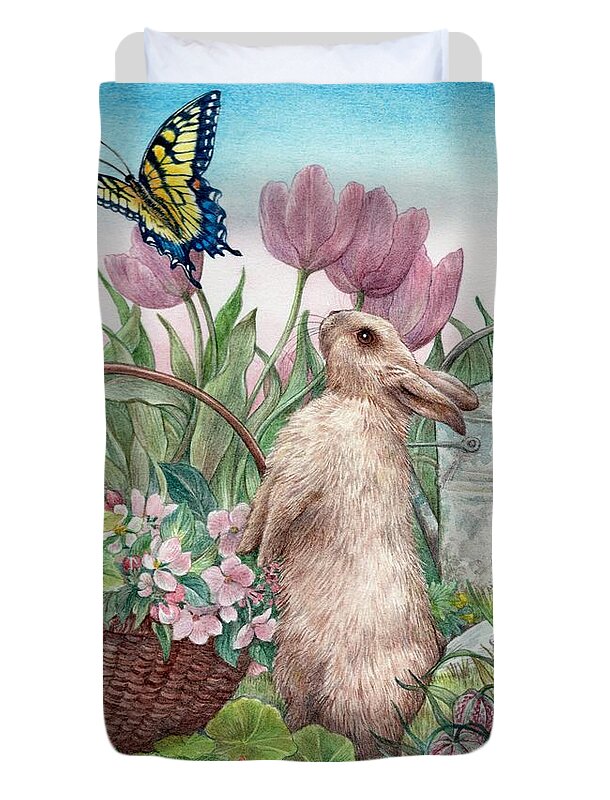 Illustrated Bunny Duvet Cover featuring the painting Bunny in Spring Garden by Judith Cheng