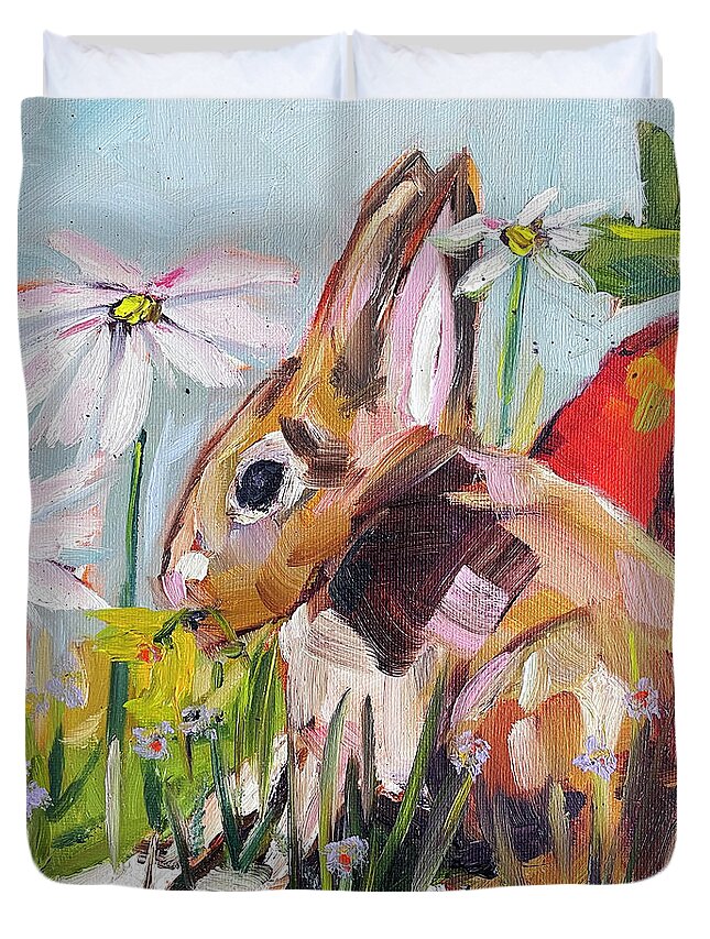 Bunny Duvet Cover featuring the painting Bunny in the Garden by Roxy Rich