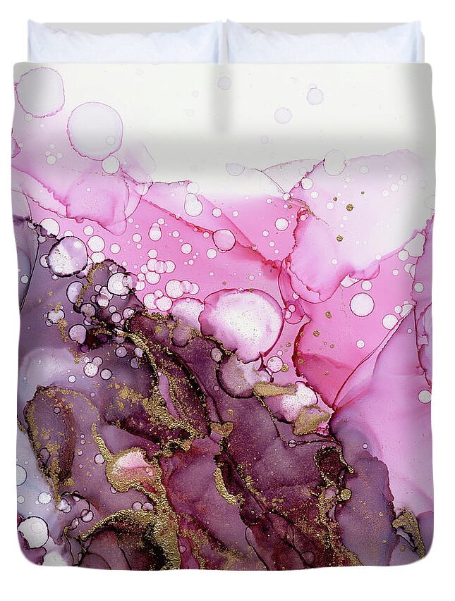 Ink Duvet Cover featuring the painting Burgundy Crimson Bubbles by Olga Shvartsur