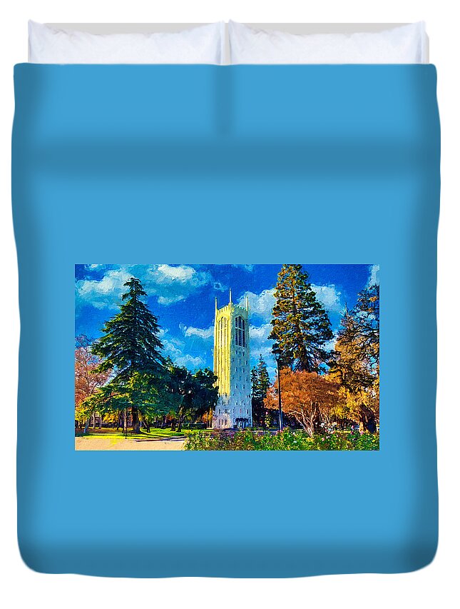 Burns Tower Duvet Cover featuring the digital art Burns Tower of the University of the Pacific in Stockton, California by Nicko Prints