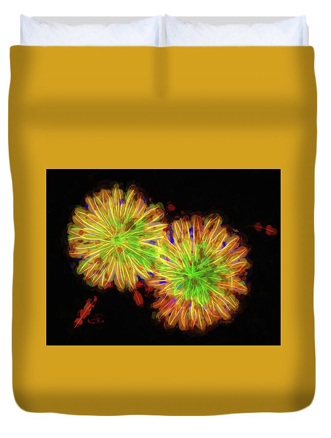 Fiery Bloom Duvet Cover featuring the photograph Bursting Dandelions by Georgette Grossman