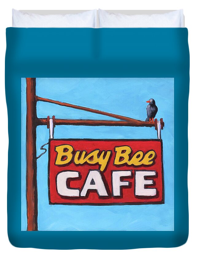 Sign Duvet Cover featuring the painting Busy Bee Cafe by Kevin Hughes