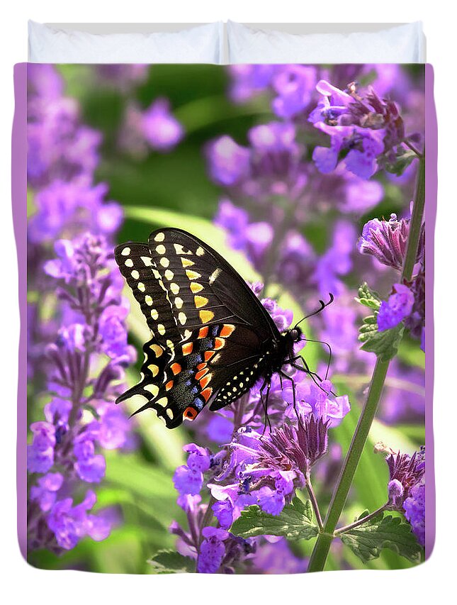 Butterfly Duvet Cover featuring the photograph Butterfly - American Swallowtail on Kit Cat Flowers by Mike Savad