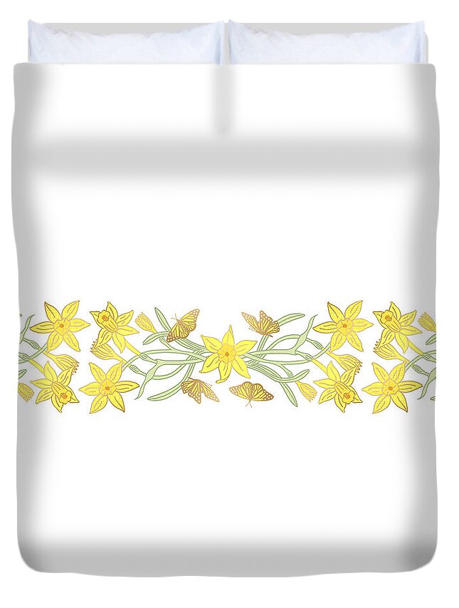 Horizontal Duvet Cover featuring the painting Butterfly and Daffodil Horizontal Panel - Art by Jen Montgomery by Jen Montgomery