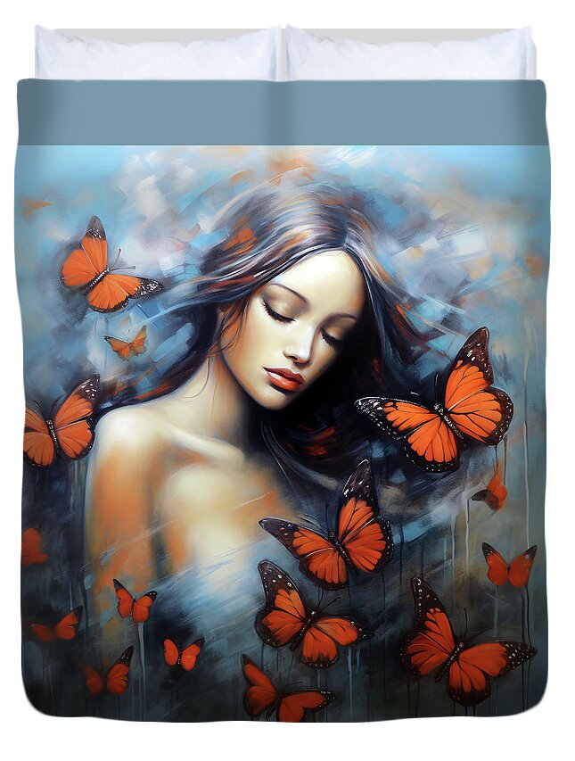 Woman Duvet Cover featuring the painting Butterfly Solace by Jacky Gerritsen