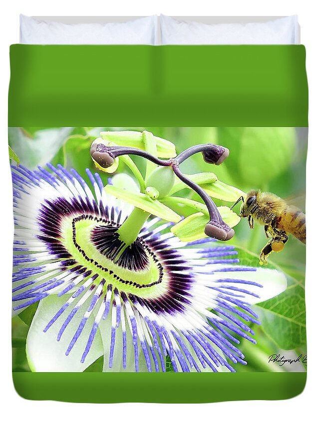 Passion Flower Duvet Cover featuring the digital art Buzzing around 01 by Kevin Chippindall