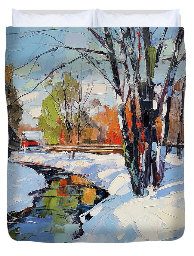 Winter Duvet Cover featuring the painting At the Stream by Dragica Micki Fortuna