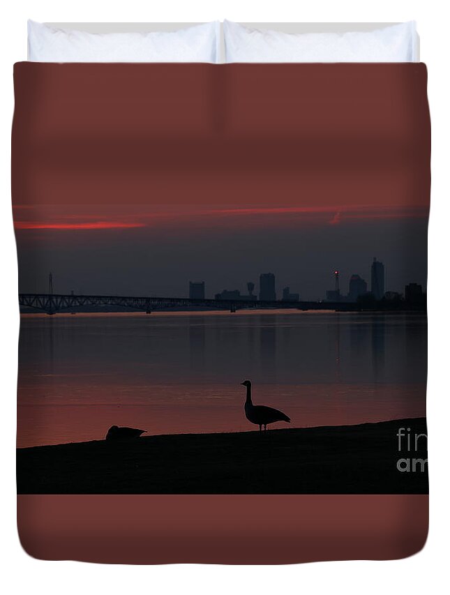 Canada Goose Duvet Cover featuring the photograph By Yonder Light I Stand Watching Over My Love by Tony Lee