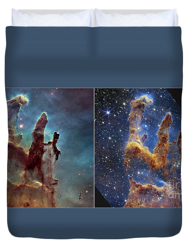 August Duvet Cover featuring the photograph Pillars of Creation, JWST and Hubble images by Science Photo Library