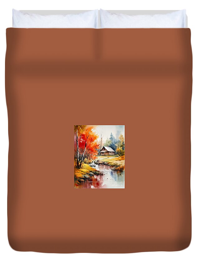 Cabin And Stream Ii Duvet Cover featuring the mixed media Cabin and Stream II by Jay Schankman