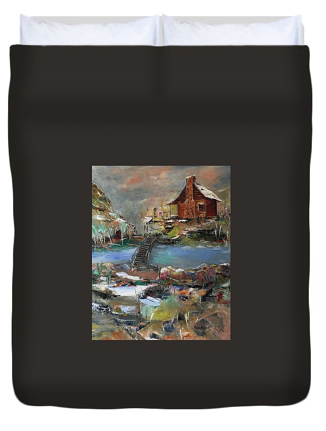 Cabin Duvet Cover featuring the painting Cabin by the river by Maria Karlosak