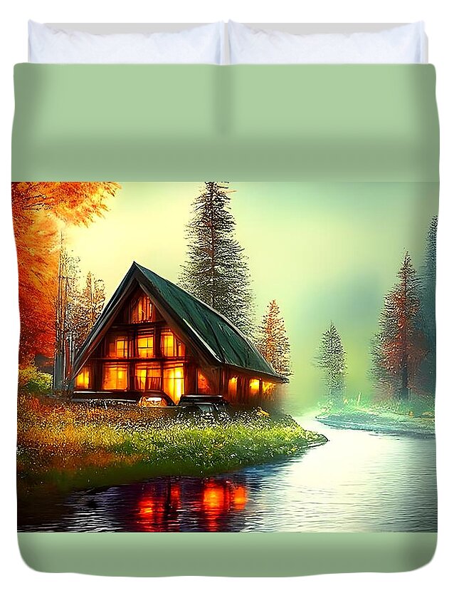 Digital Duvet Cover featuring the digital art Cabin on a River by Beverly Read
