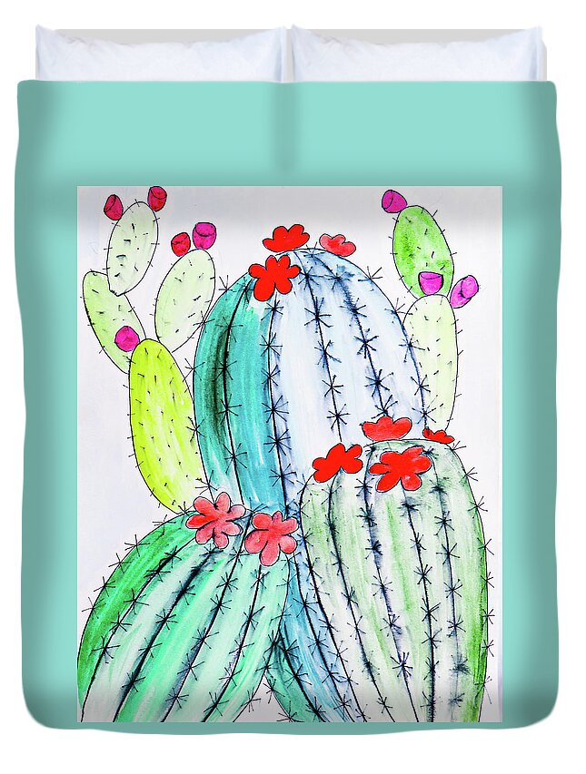 Cactus Duvet Cover featuring the painting Cactus Party 8 by Ted Clifton