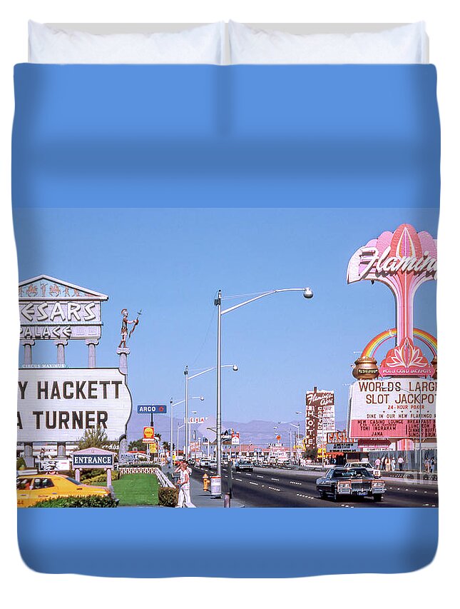Flamingo Casino Neon Sign Duvet Cover featuring the photograph Caesars Palace Casino and Flamingo Casino Marquee Signs 1970's 2 to 1 Ratio by Aloha Art