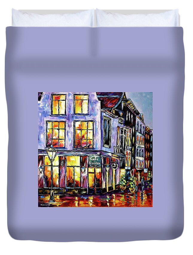 Cafe In The Evening Duvet Cover featuring the painting Cafe Brandon, Amsterdam by Mirek Kuzniar