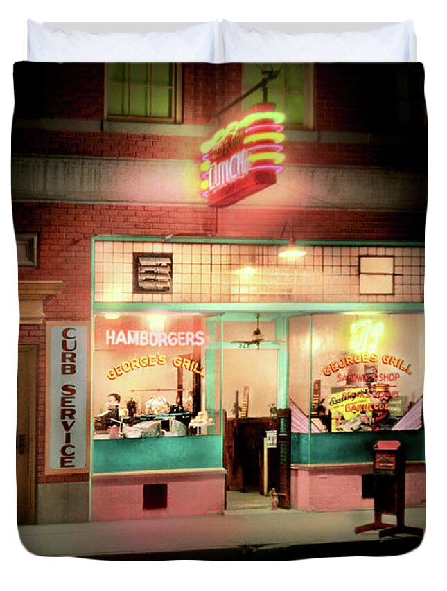 North Carolina Duvet Cover featuring the photograph Cafe - Durham, NC - Late night cravings 1940 by Mike Savad