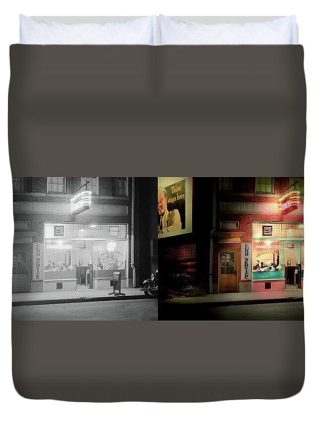 North Carolina Duvet Cover featuring the photograph Cafe - Durham, NC - Late night cravings 1940 - Side by Side by Mike Savad
