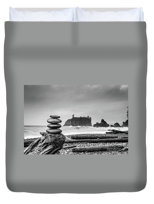 Cairn Duvet Cover featuring the photograph Cairn on a beach by Olivier Steiner