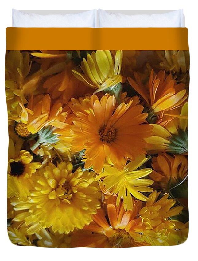 Orange Duvet Cover featuring the photograph Calendula Blossom Sunrise by Vicki Noble