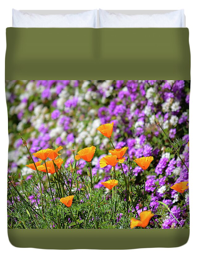 Nature Duvet Cover featuring the photograph California Poppies and Latana Blossoms by Brian Tada