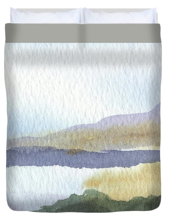Calm Duvet Cover featuring the painting Calm Dreamy Landscape Peaceful Lake Shore Quiet Meditative Nature III by Irina Sztukowski