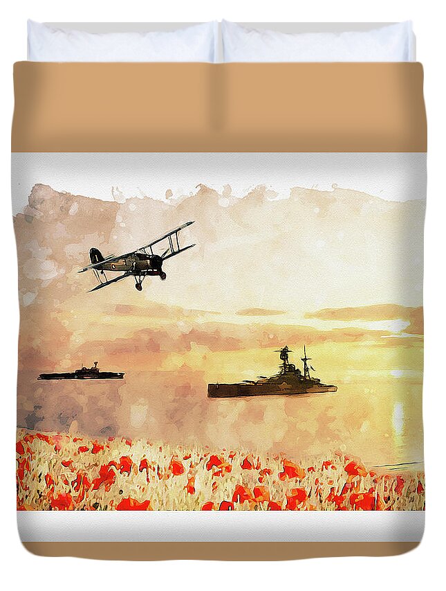 Navy Poppies Duvet Cover featuring the digital art Calmer Waters by Airpower Art