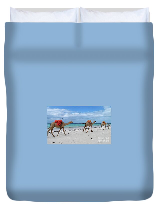 Beach Duvet Cover featuring the photograph Camels crossing a white beach in Mombasa, Kenya by Mendelex Photography