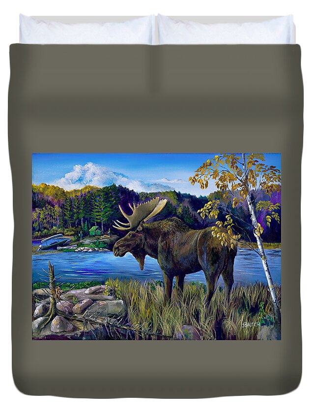 Moose Duvet Cover featuring the digital art Camp On Basswood by Joe Baltich