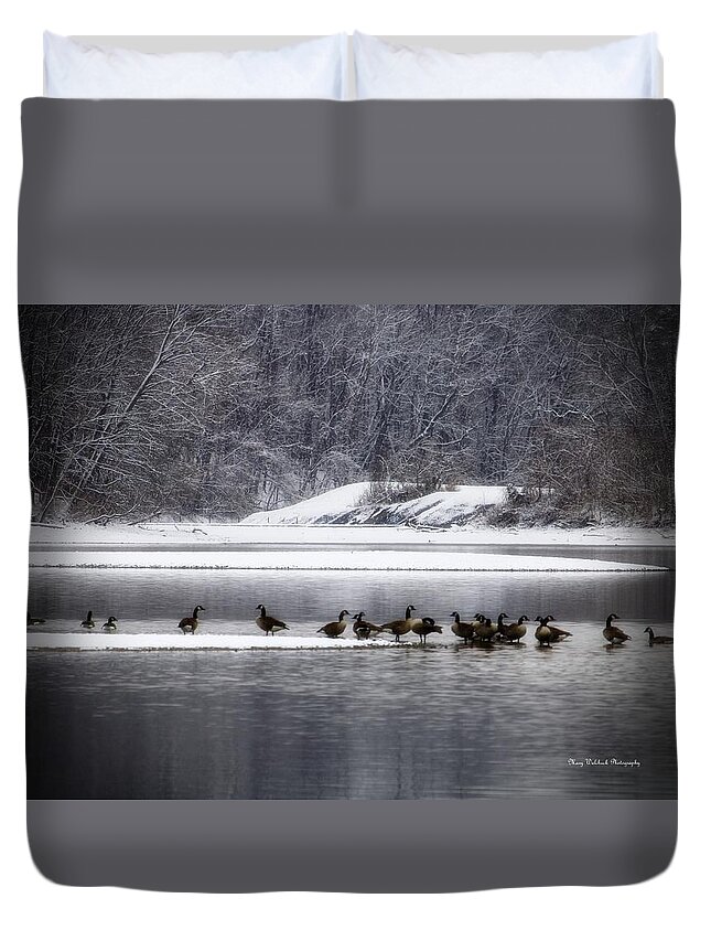 Waterfowl Duvet Cover featuring the photograph Canadian Geese Gathering by Mary Walchuck