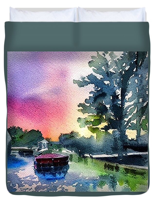 Waterloo Village Duvet Cover featuring the painting Canal Boat at Waterloo Village, Morris Canal, Sunset by Christopher Lotito