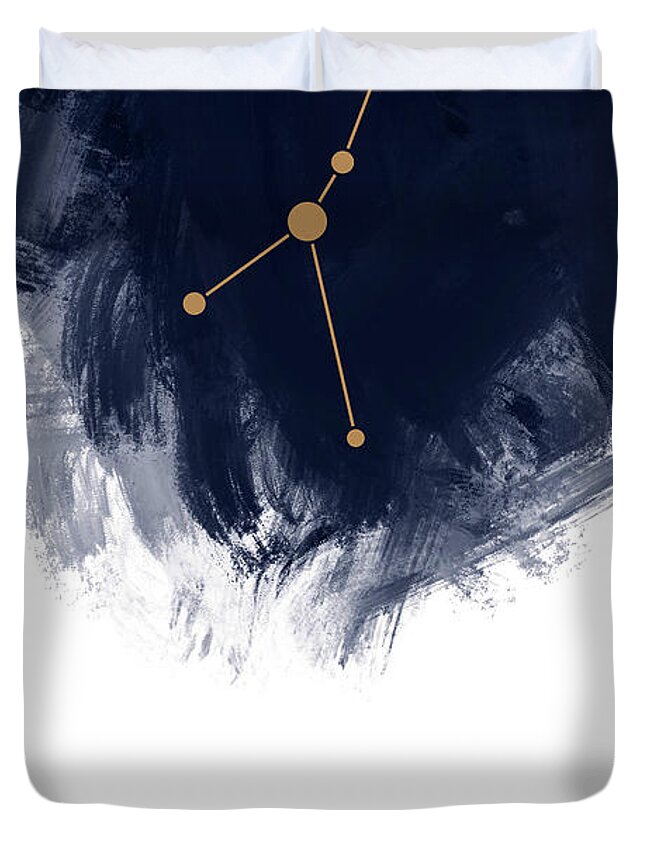Cancer Duvet Cover featuring the mixed media Cancer Zodiac Sign - Minimal Print - Zodiac, Constellation, Astrology, Good Luck, Night Sky - Blue by Studio Grafiikka