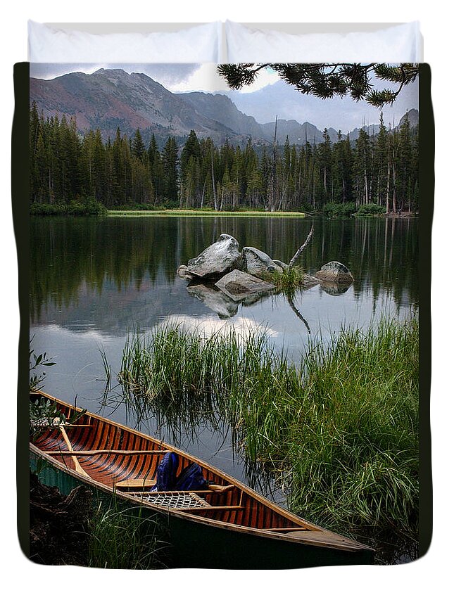 Canoe Duvet Cover featuring the photograph Canoe on Lake Mary, Mammoth Lakes. California by Bonnie Colgan