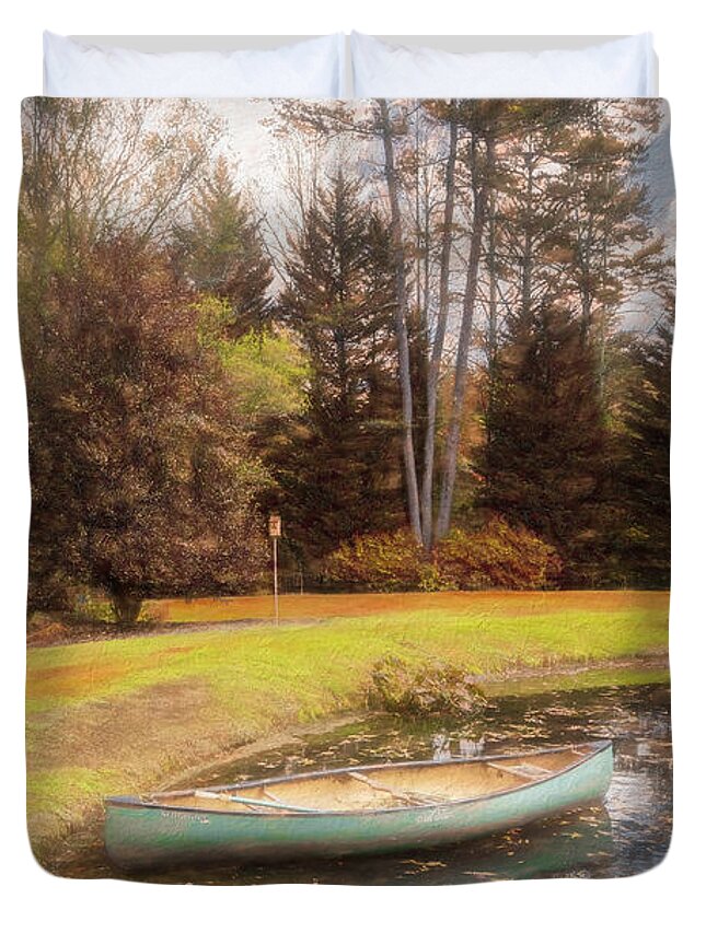 Boats Duvet Cover featuring the photograph Canoe on the Edge of the Lake Painting by Debra and Dave Vanderlaan