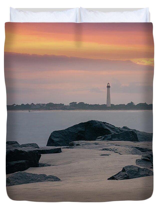 Lighthouse Duvet Cover featuring the photograph Cape May Lighthouse Beach Sunset by Jason Fink