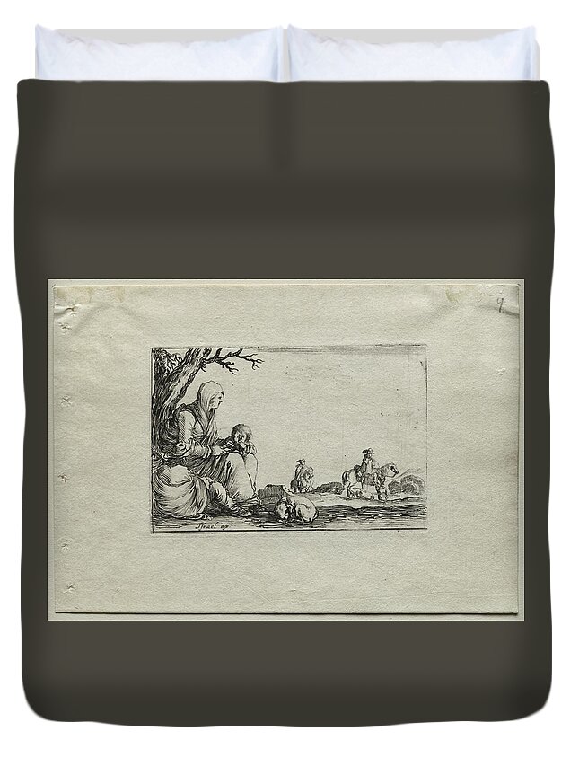 Antique Duvet Cover featuring the painting Caprices Seated Beggar Woman with Two Children c. 1642 Stefano Della Bella by MotionAge Designs