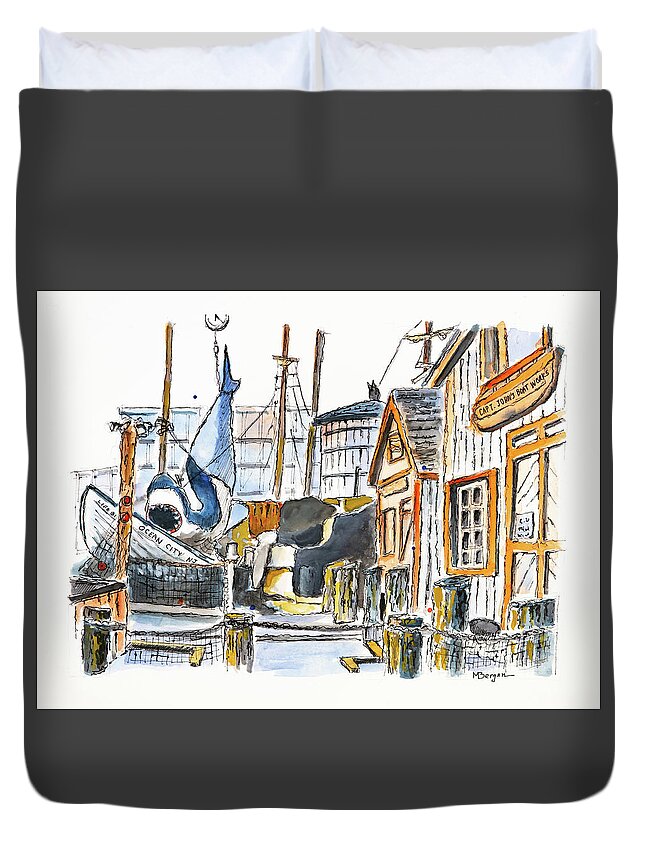 Shark Duvet Cover featuring the drawing Capt John's Boat Works NJ by Mike Bergen