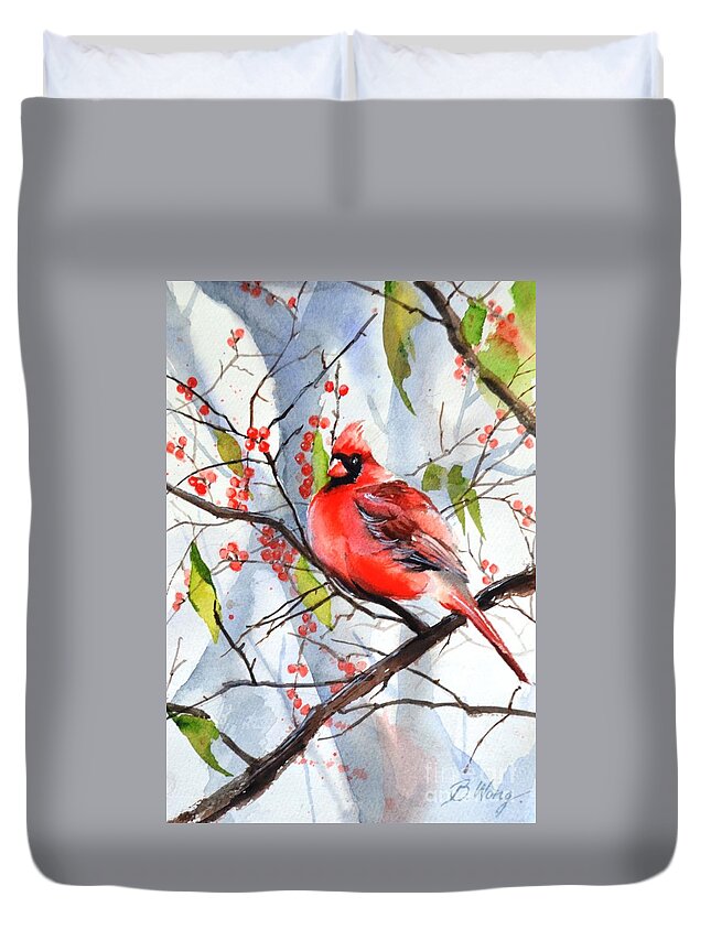Bird Duvet Cover featuring the painting Cardinal by Betty M M Wong