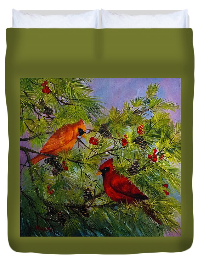 Birds Duvet Cover featuring the painting Cardinal Mates in a Pine Tree by Barbara Landry