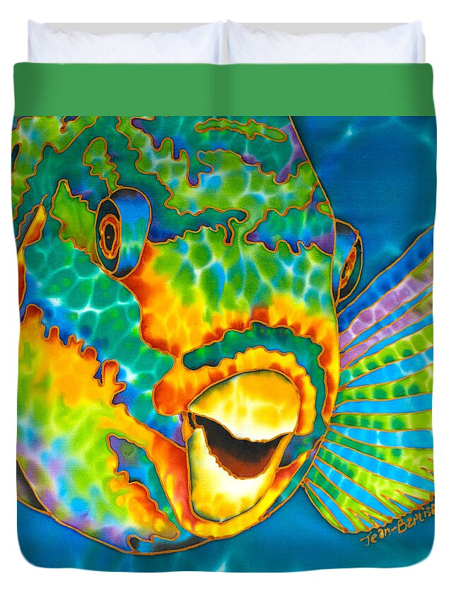 Diving Duvet Cover featuring the painting Caribbean Queen Parrotfish by Daniel Jean-Baptiste