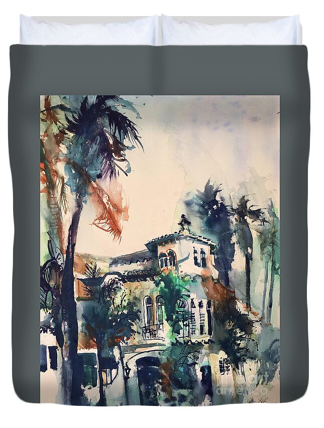 #palms #trees #carlsbad #california #watercolor #watercolorpainting #glenneff #neff #thesoundpoetsmusic #picturerockstudio #spanish #architecture Www.glenneff.com Duvet Cover featuring the painting Carlsbad Palm Trees by Glen Neff